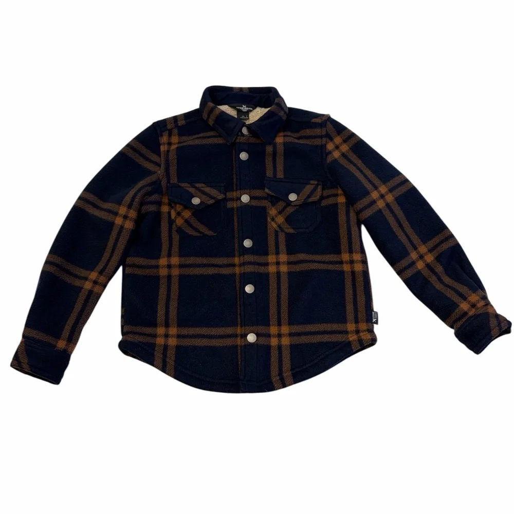 Eddie Bauer Navy Blue and Copper Brown Plaid Button-Up Shirt Jacket Boys 7